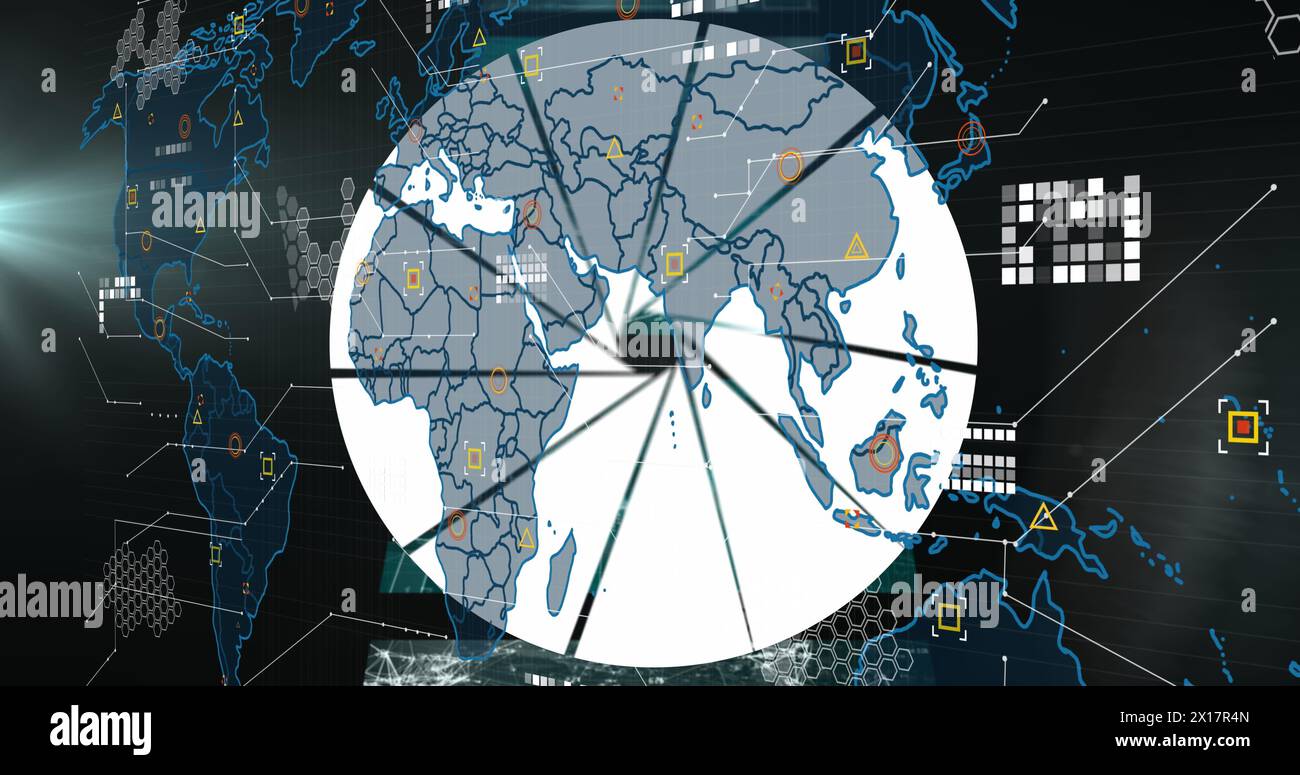 Image of data processing over world map against multiple screens with data processing Stock Photo