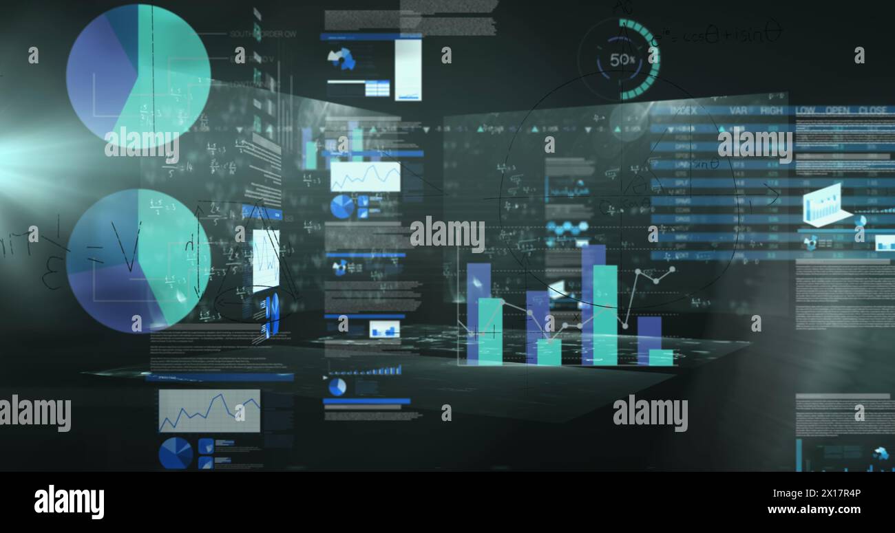 Image of data processing over mathematical equations on black background Stock Photo