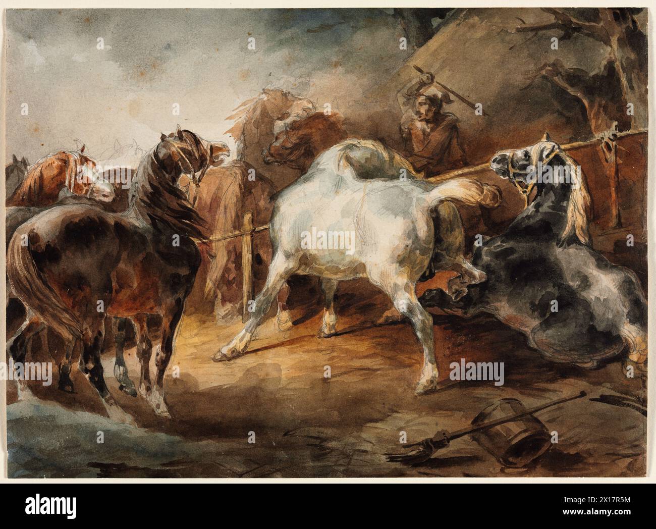 Fighting Horses. Théodore Géricault.  c. 1820. Watercolor over graphite. Stock Photo