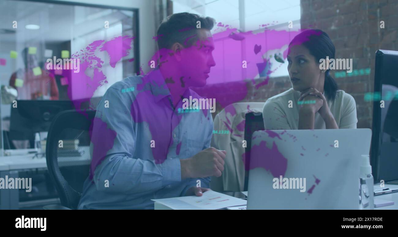 Image of data processing and world map over diverse business people in office Stock Photo