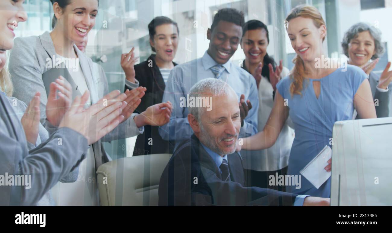 Image of statistical data processing against diverse businesspeople clapping together at office Stock Photo