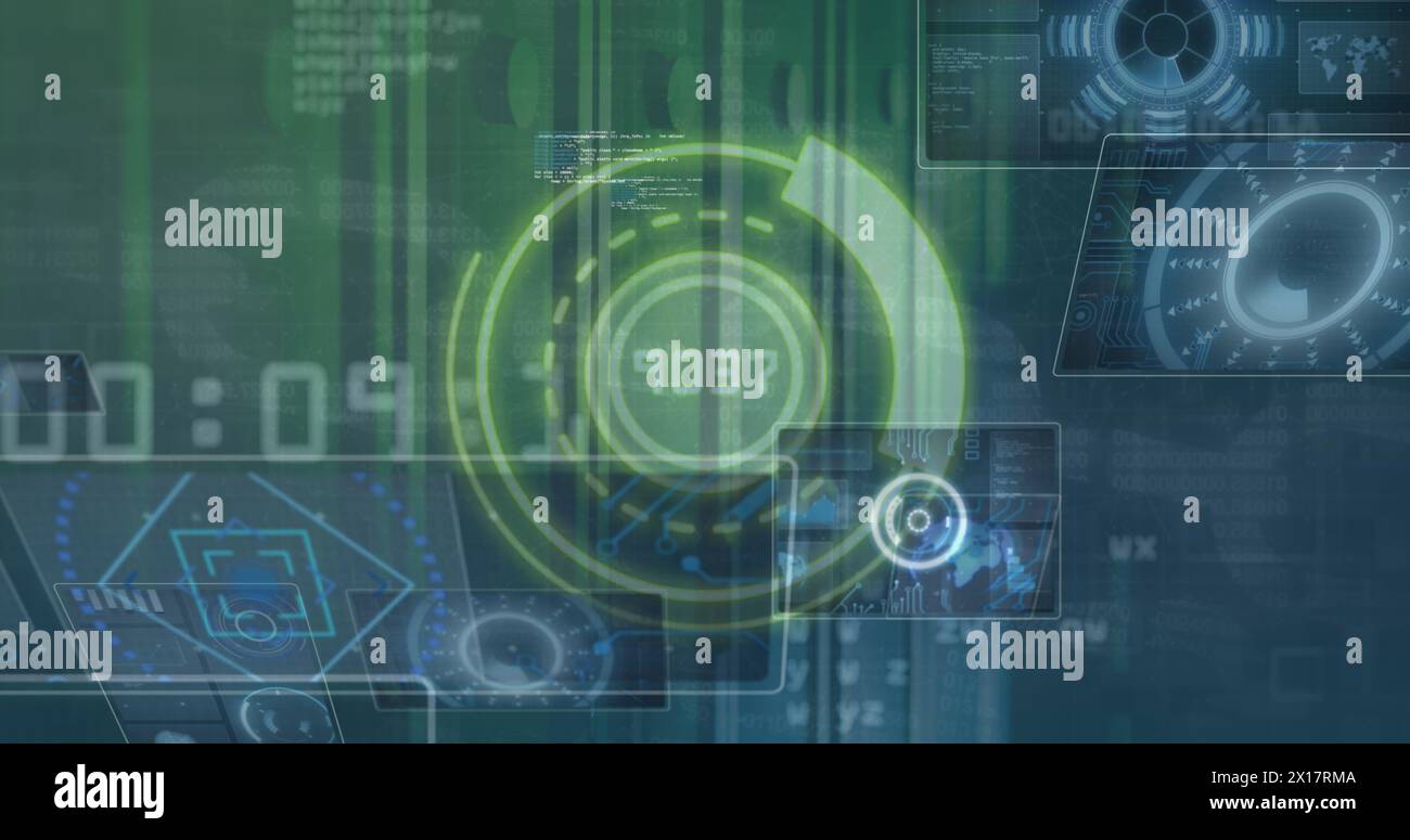 This image is a digital image of a digital interface with data processing against a black background Stock Photo