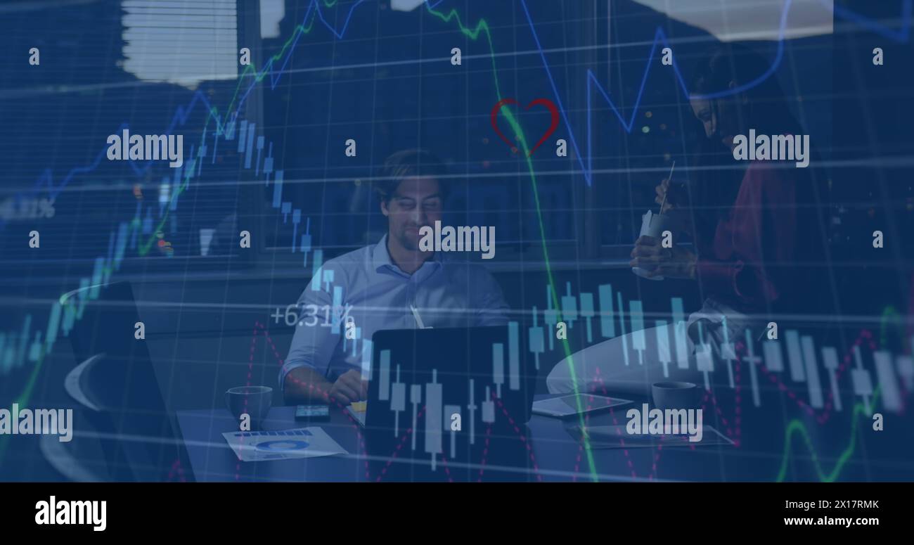 Image of heart shape icons, graphs over diverse coworkers eating dinner