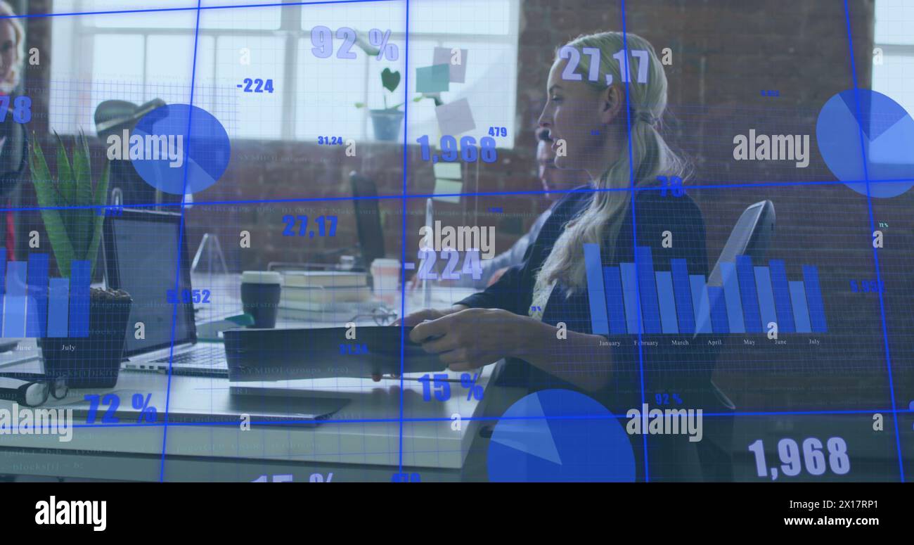 Image of data processing over diverse business people in office Stock Photo