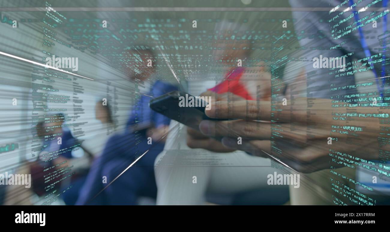Image of data processing over businessman using smartphone Stock Photo