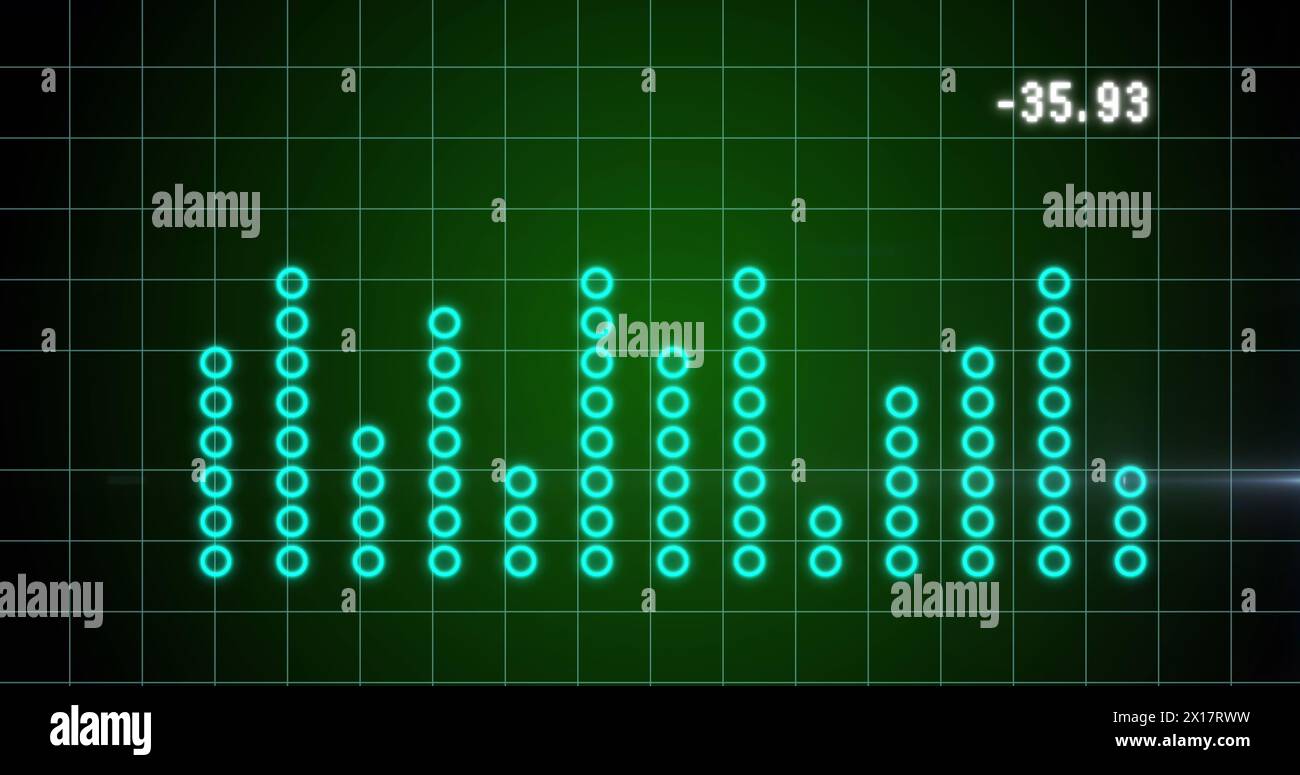 Image of light spot and statistical data processing over grid network against green background Stock Photo