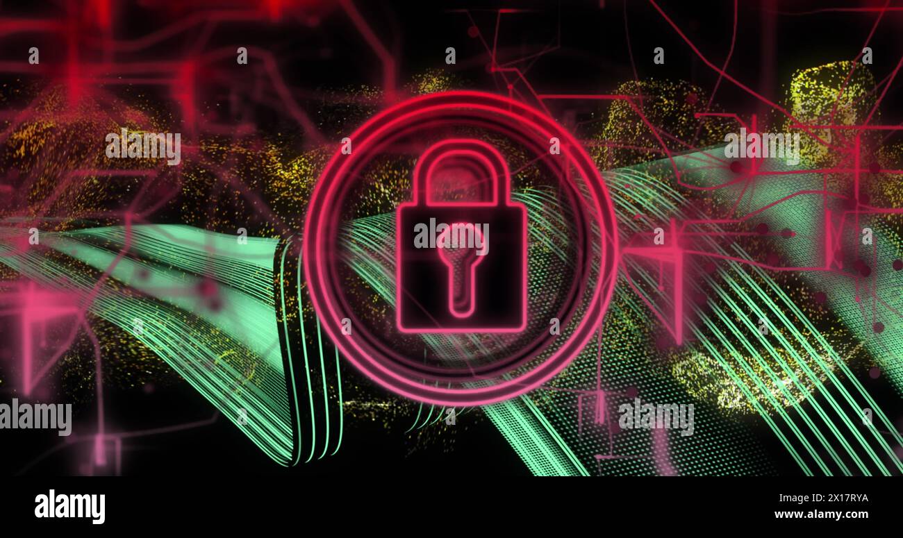 Image of padlock icon and data processing on dark background Stock Photo