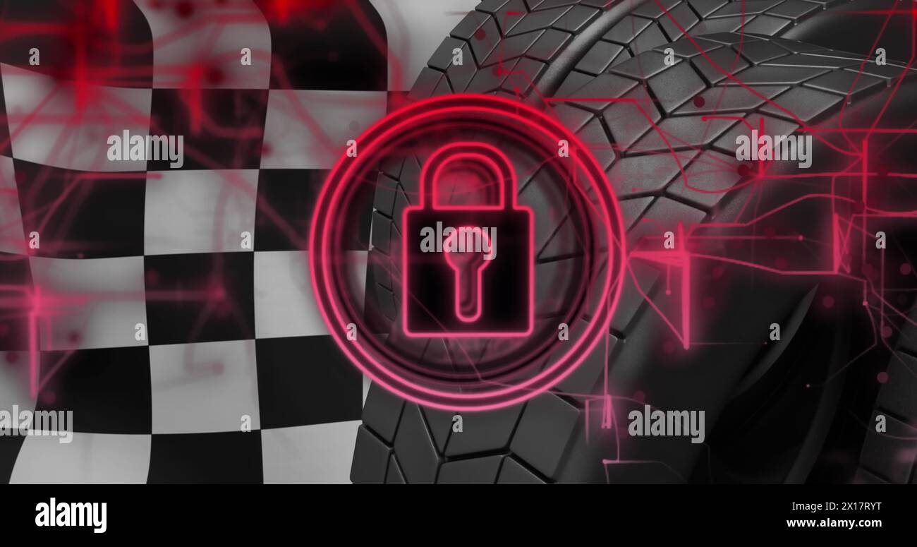 Image of padlock icon and data processing over tyres Stock Photo