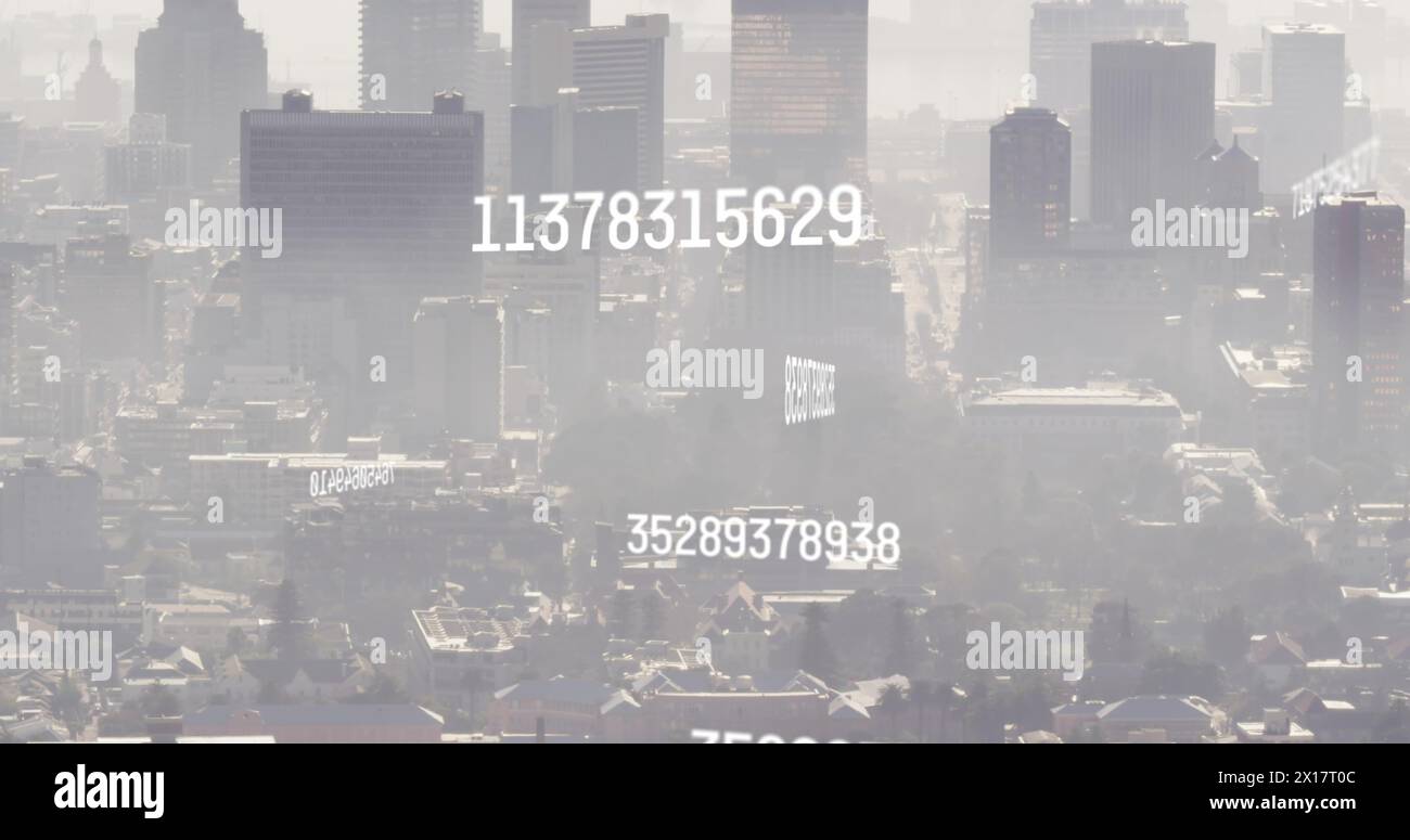 Image of numbers and data processing over cityscape Stock Photo