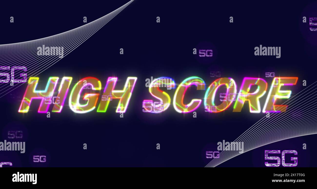 Image of high score text over 5g text and data processing on dark background Stock Photo