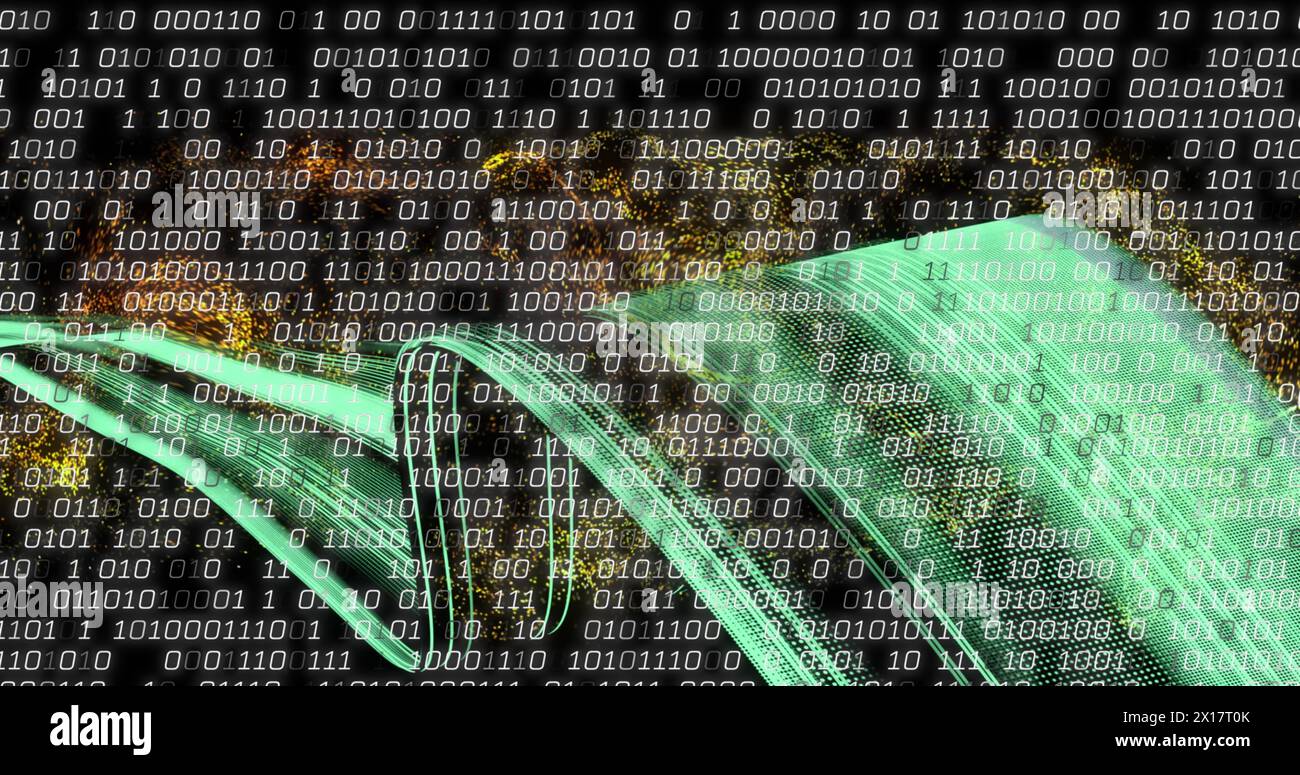 Image of binary coding and data processing over light trails Stock Photo