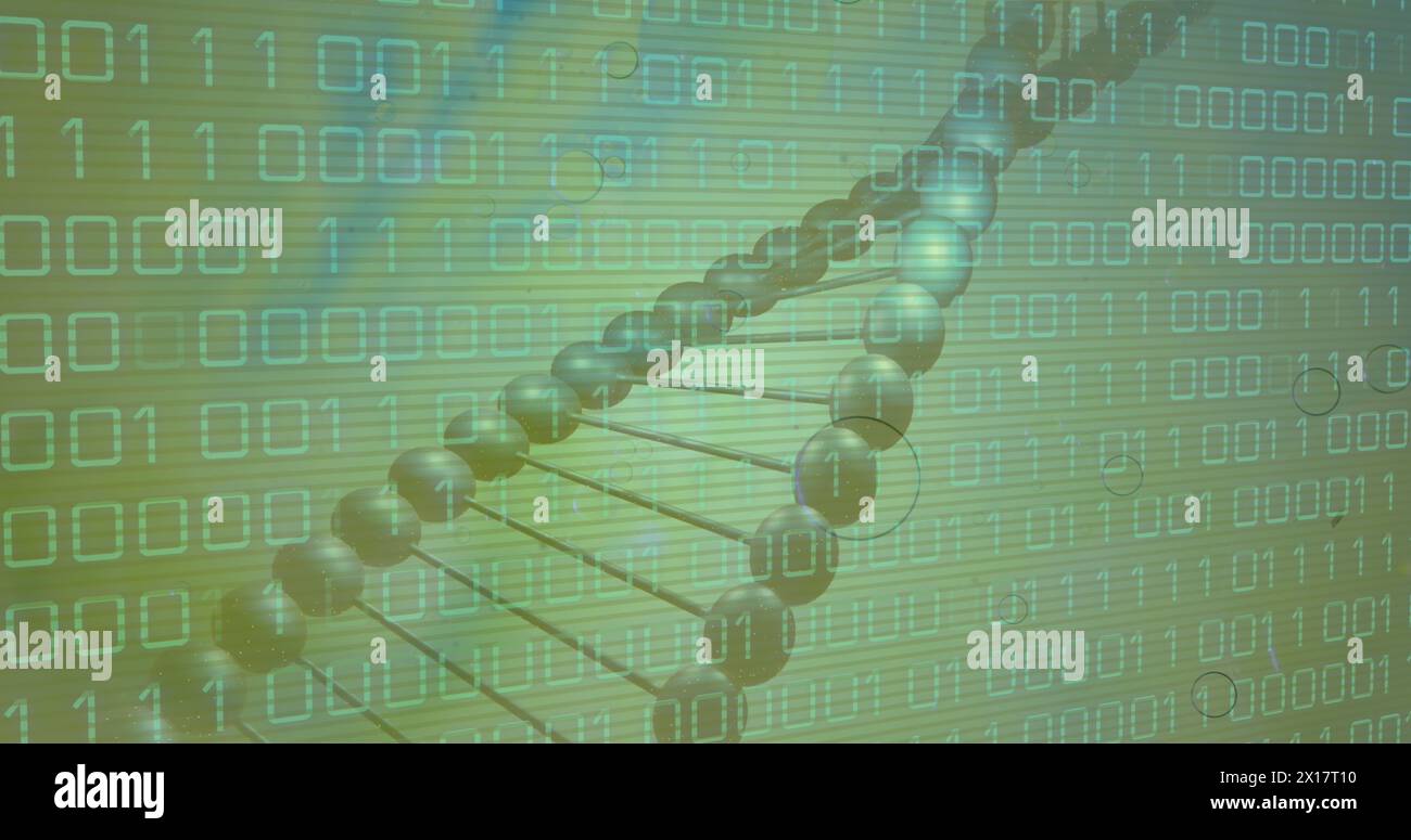 Image of data processing over dna strand on green background Stock Photo