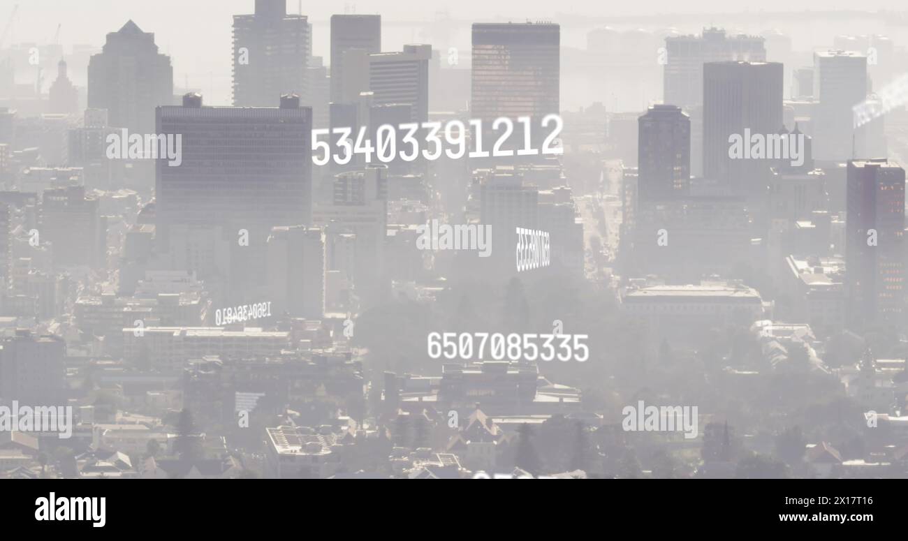 Image of numbers and data processing over cityscape Stock Photo
