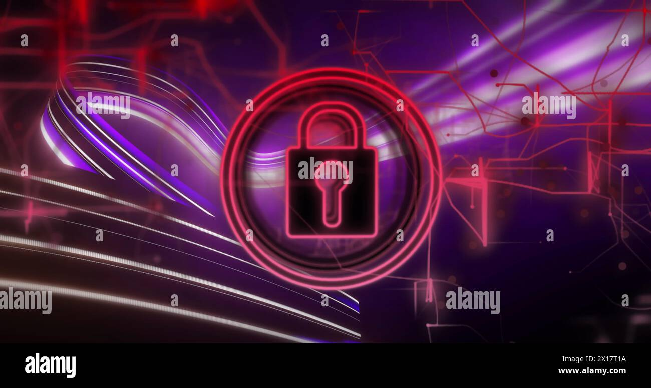 Image of padlock icon and data processing on dark background Stock Photo
