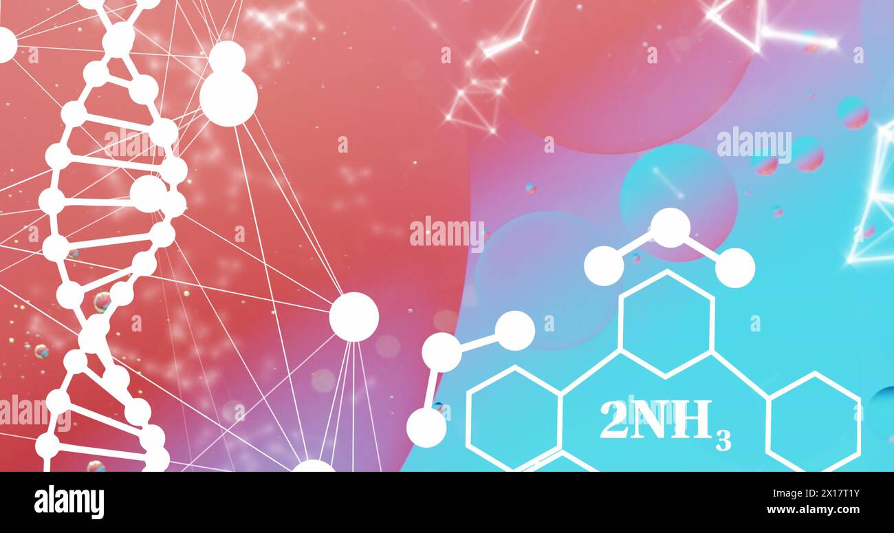 Image of chemical formula and dna strand over bubbles on colorful background Stock Photo