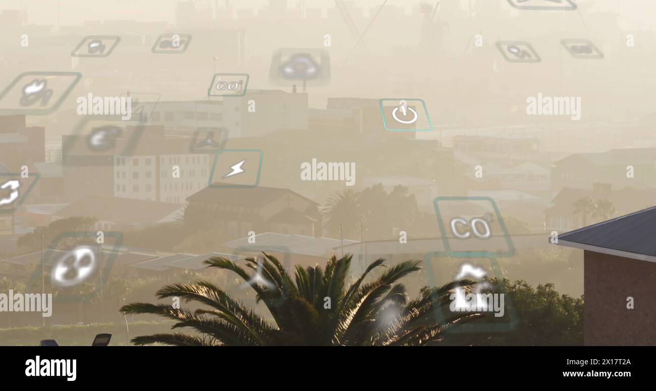 Image of eco icons and data processing over cityscape Stock Photo