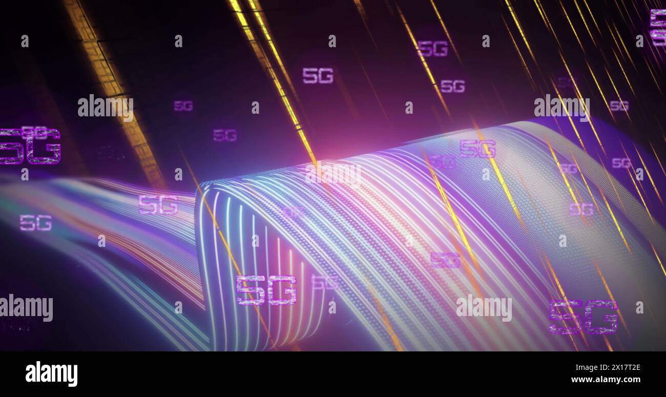 Image of 5g text and data processing on dark background Stock Photo