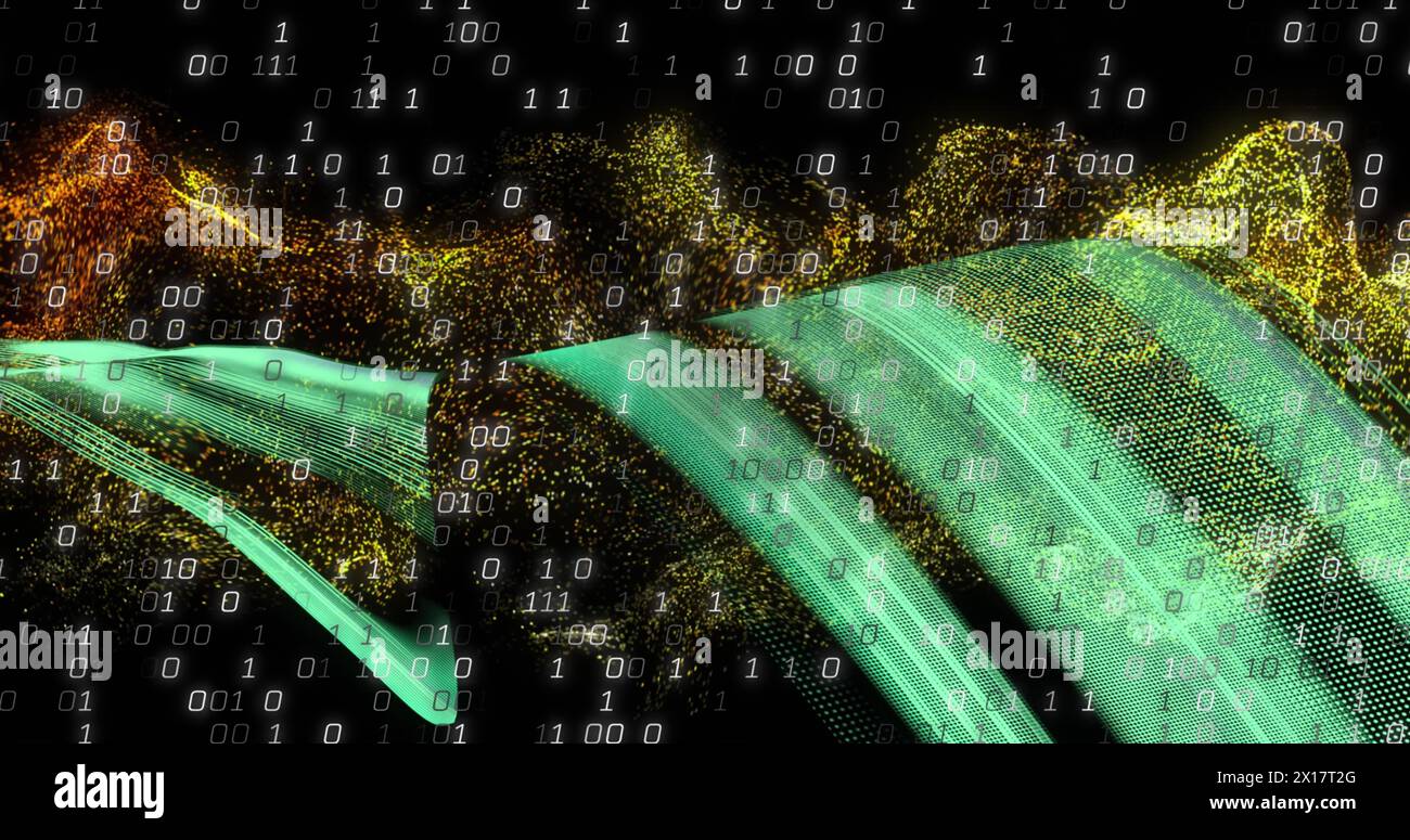 Image of binary coding and data processing over light trails Stock Photo