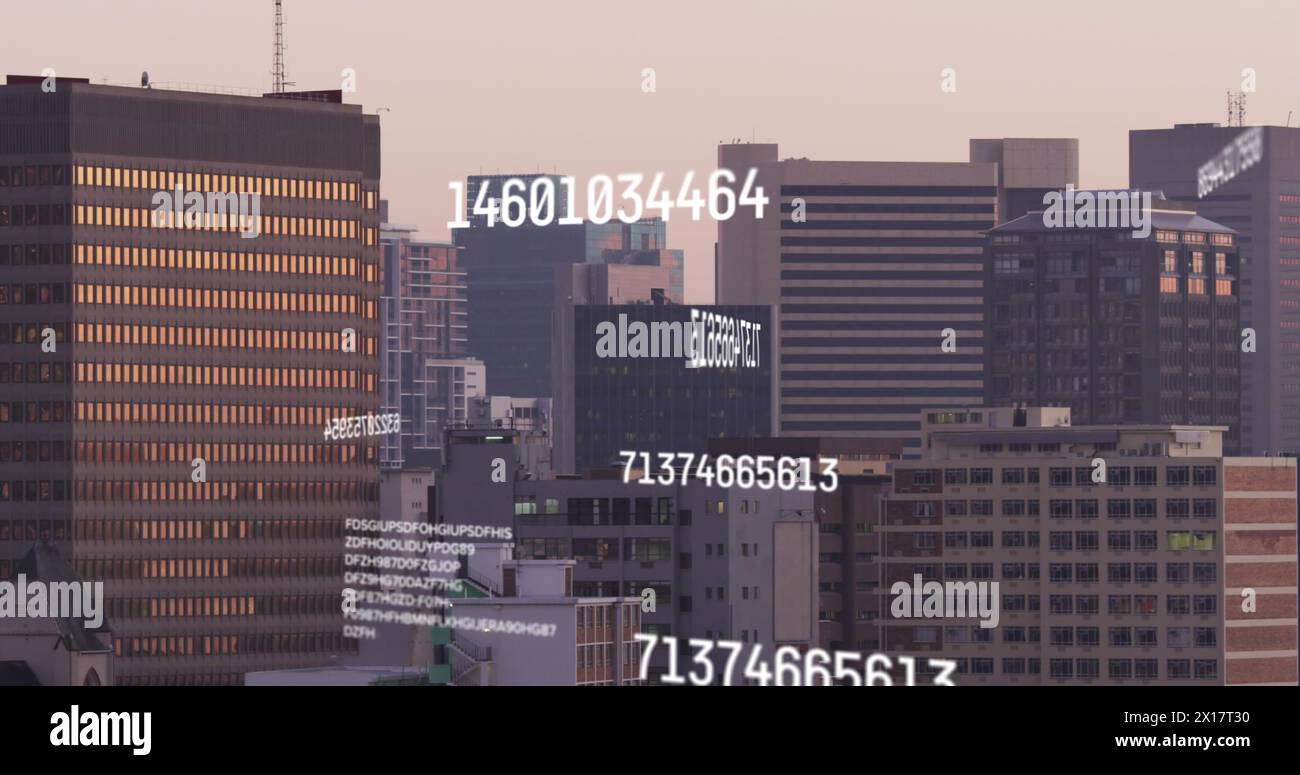 Image of numbers and data processing over cityscape Stock Photo