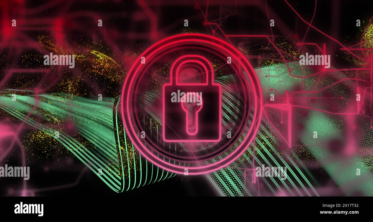 Image of padlock icon and data processing on dark background Stock Photo