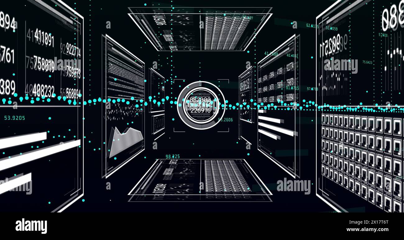 Image of financial data processing on black background Stock Photo