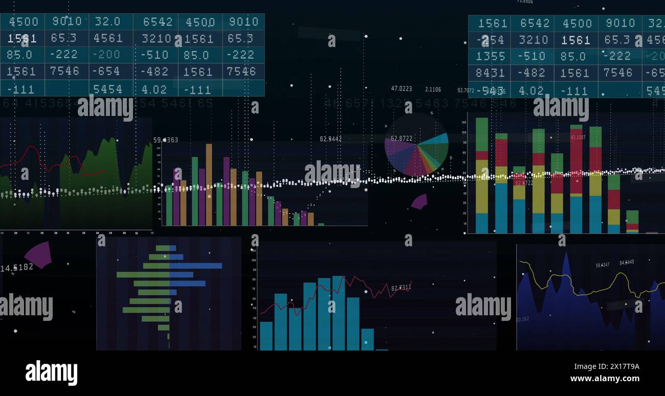 Image of financial data processing on black background Stock Photo