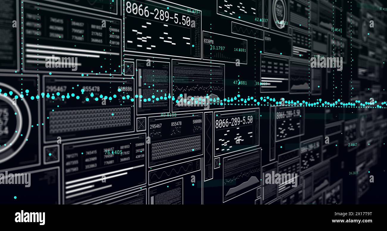 Image of financial data processing on black background Stock Photo