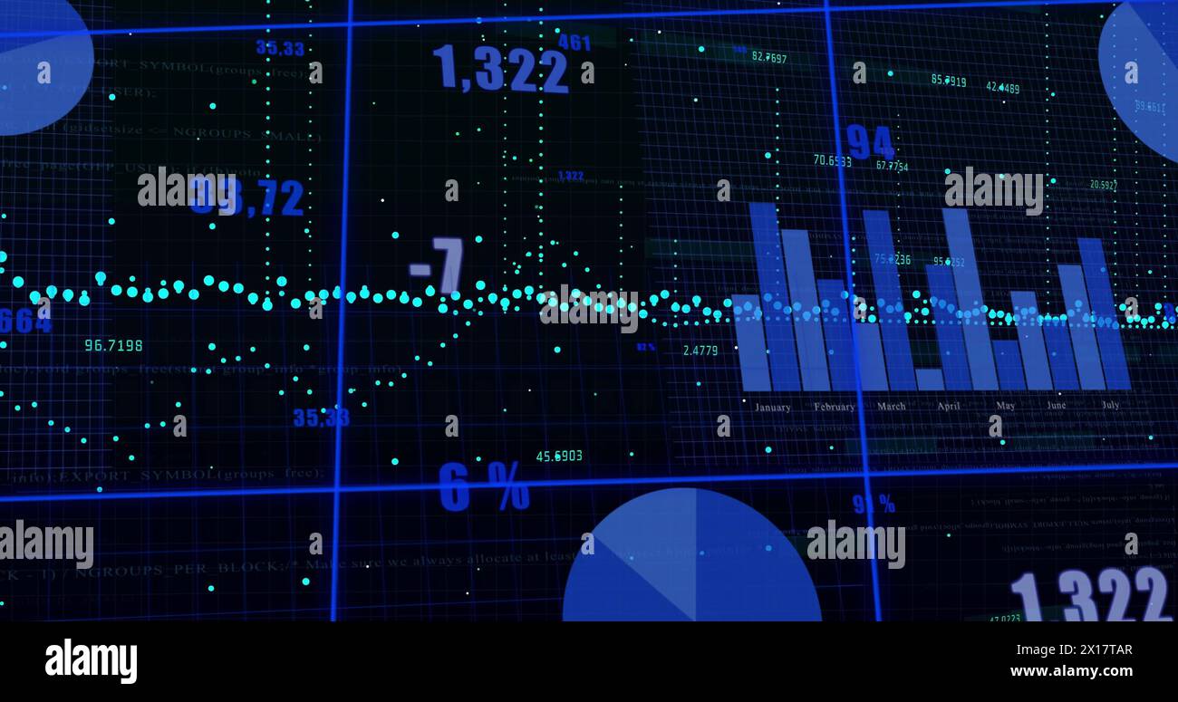 Image of financial data processing on black background Stock Photo