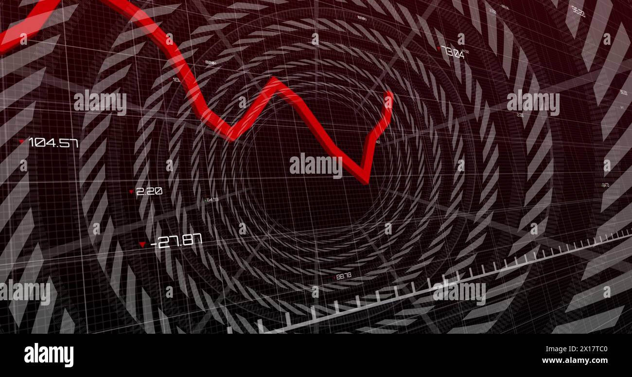 Image of financial data processing over circles on dark background Stock Photo