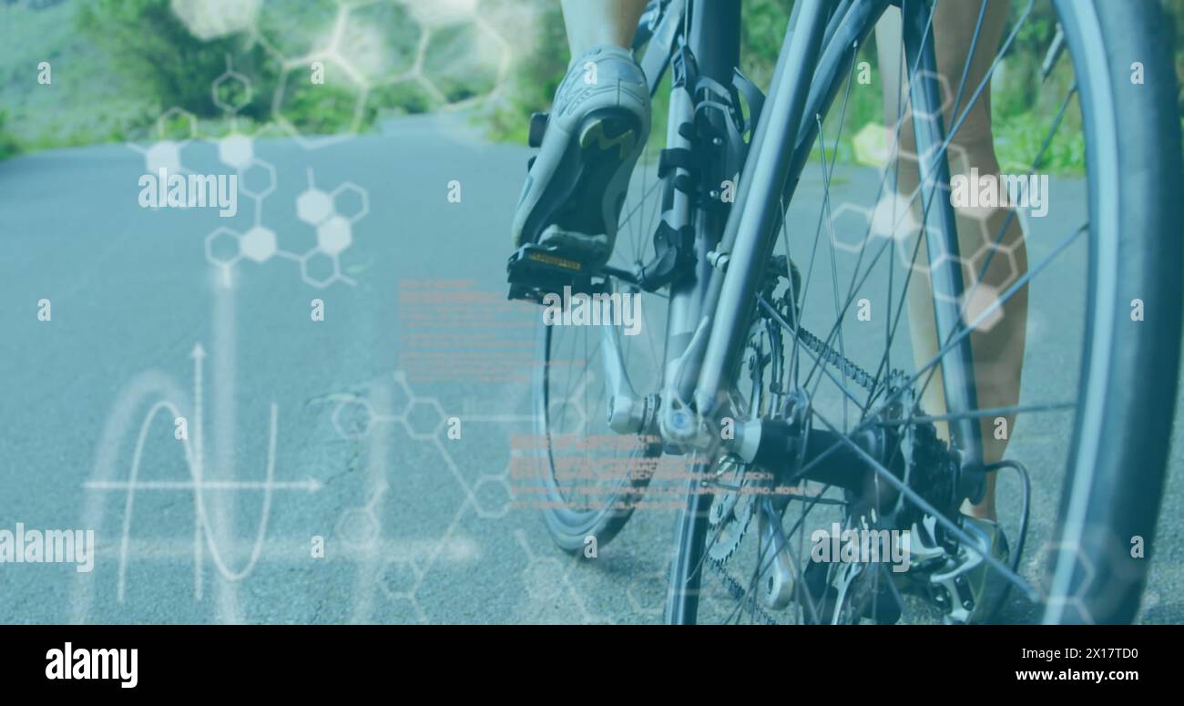 Image of scientific data recording over woman cycling in the background Stock Photo