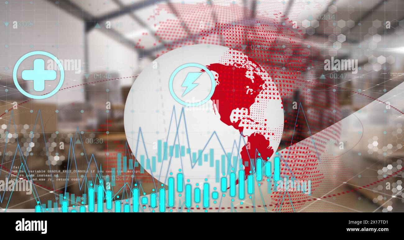Image of financial data processing over globe and warehouse Stock Photo ...