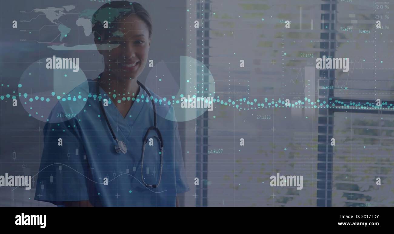 Image of data processing over biracial female doctor Stock Photo