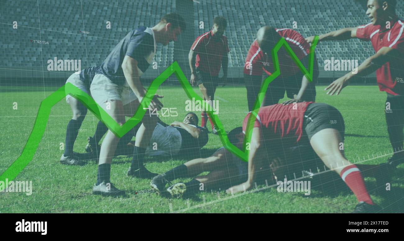Image of graphs and data over two multi-ethnic rugby teams playing rugby, running and pushing digita Stock Photo