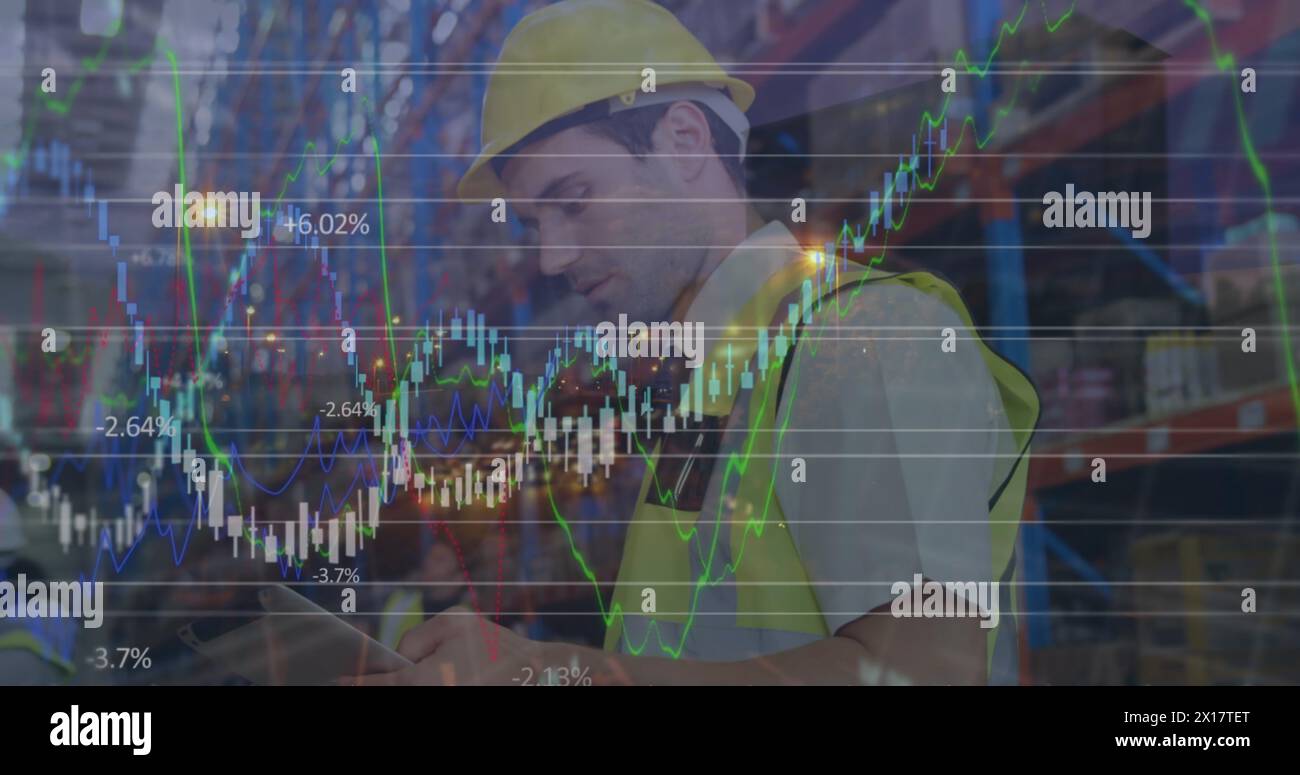 Image of data processing over warehouse worker using smartphone in shipping centre Stock Photo
