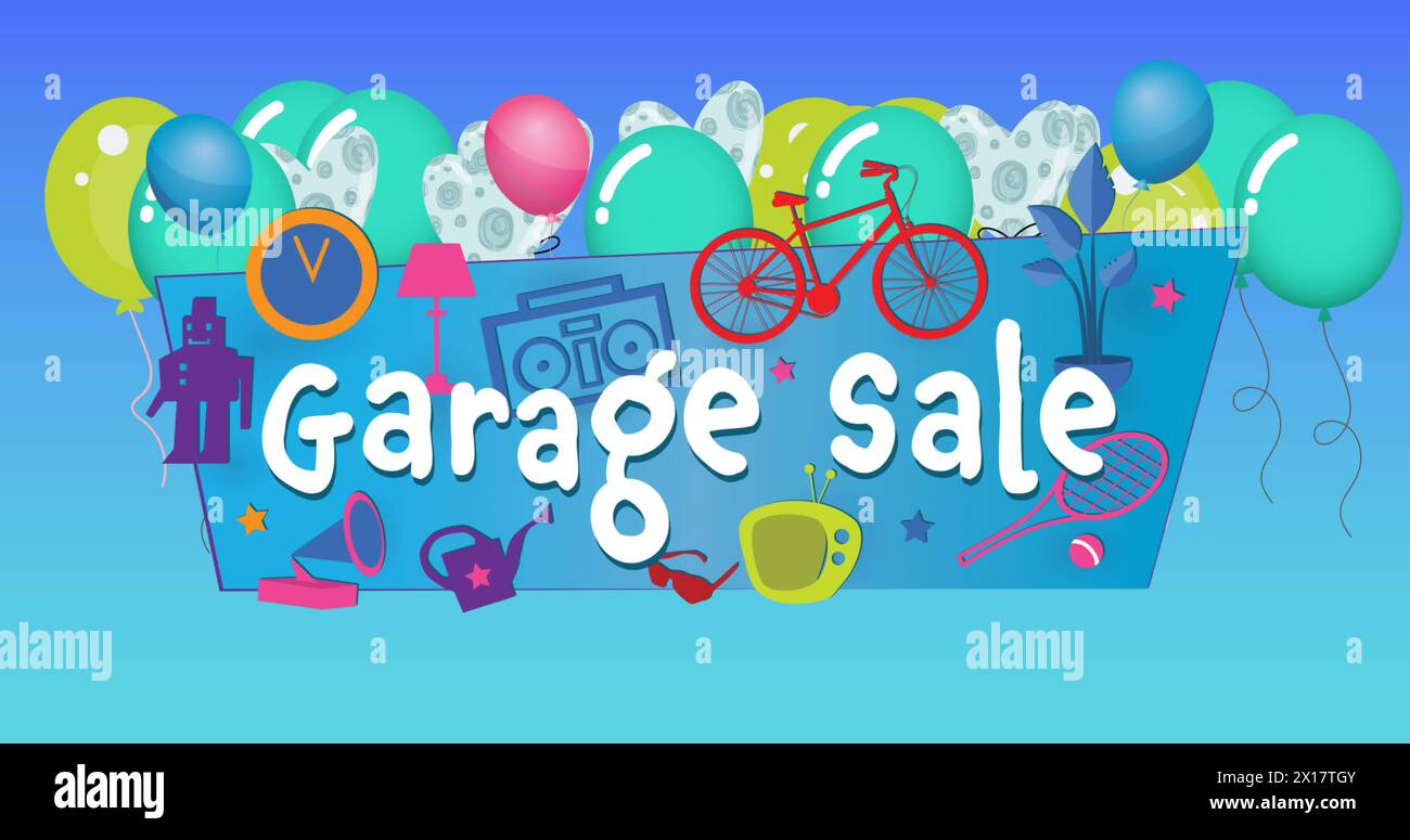 Image of garage sale text over household items and balloons on blue background Stock Photo