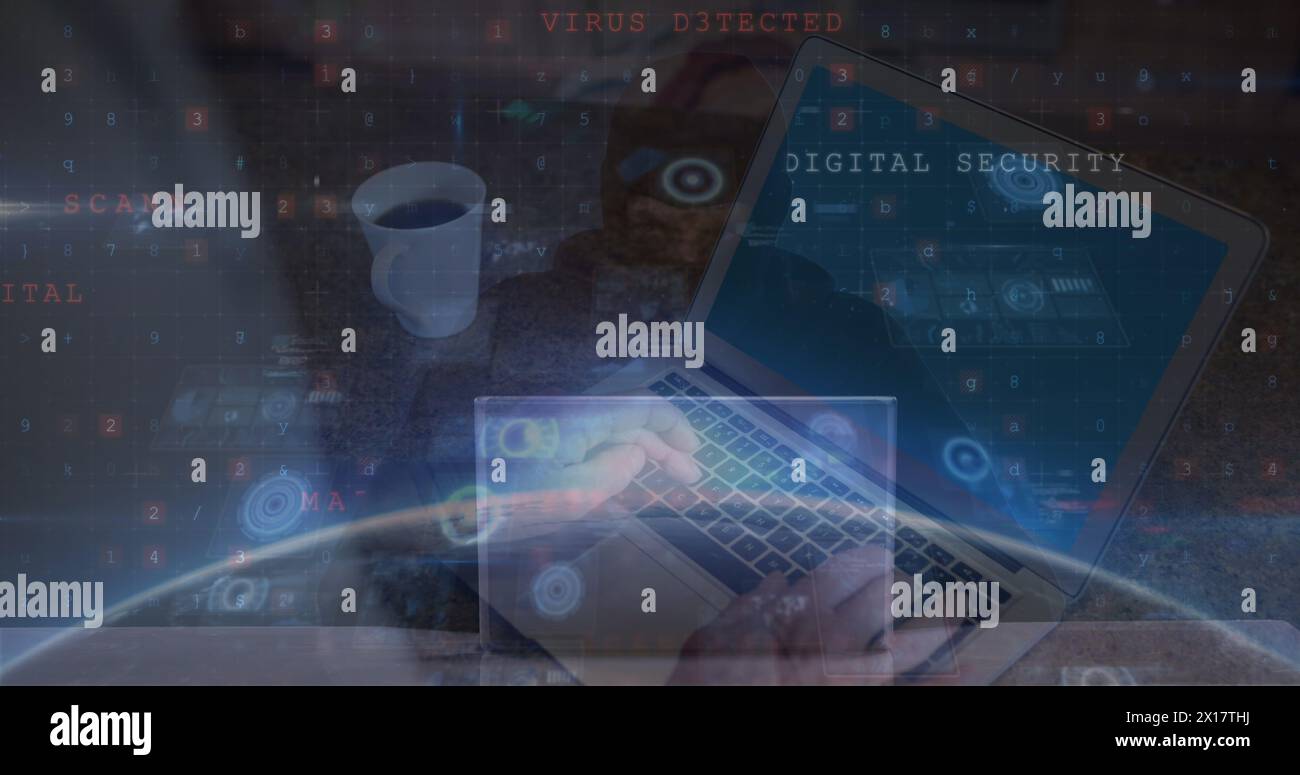 Image of digital interface over person using laptop Stock Photo