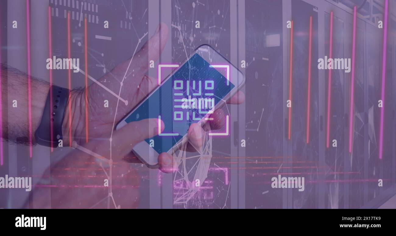 Image of digital interface over person using smartphone Stock Photo