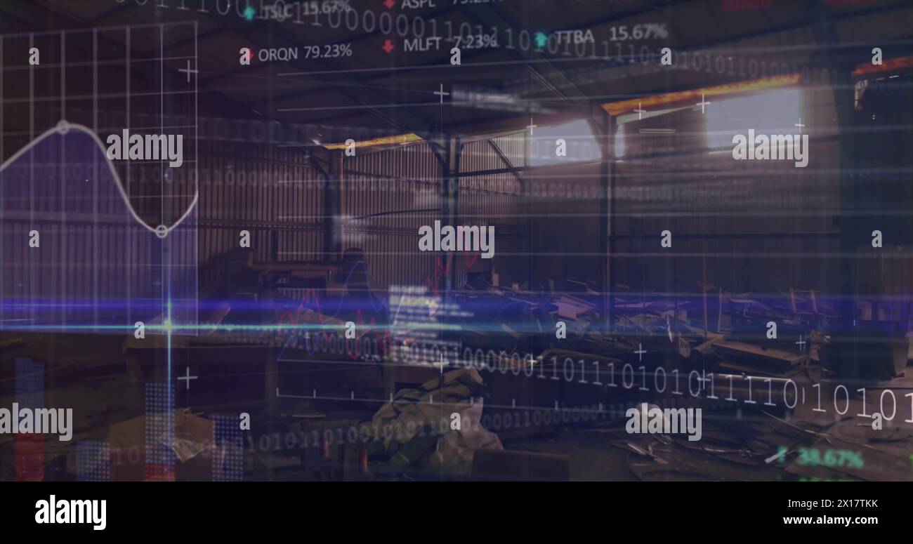 Image of financial data processing over junkyard Stock Photo