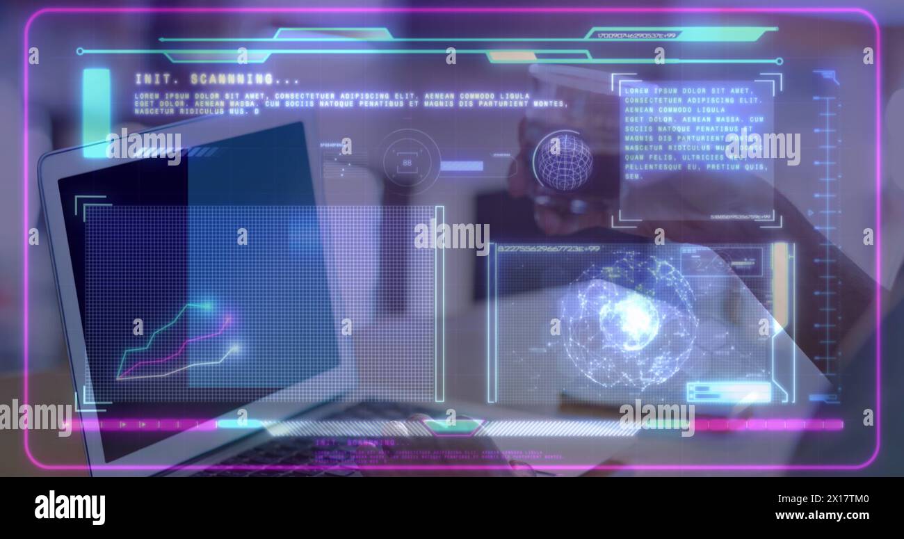 Image of digital interface over person using laptop Stock Photo