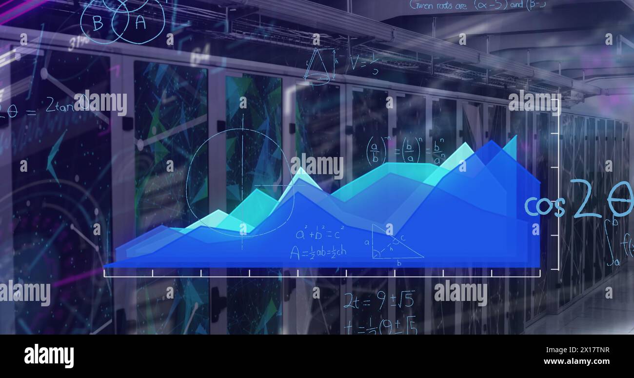 Image of statistics, mathematical equations and data processing over computer servers Stock Photo