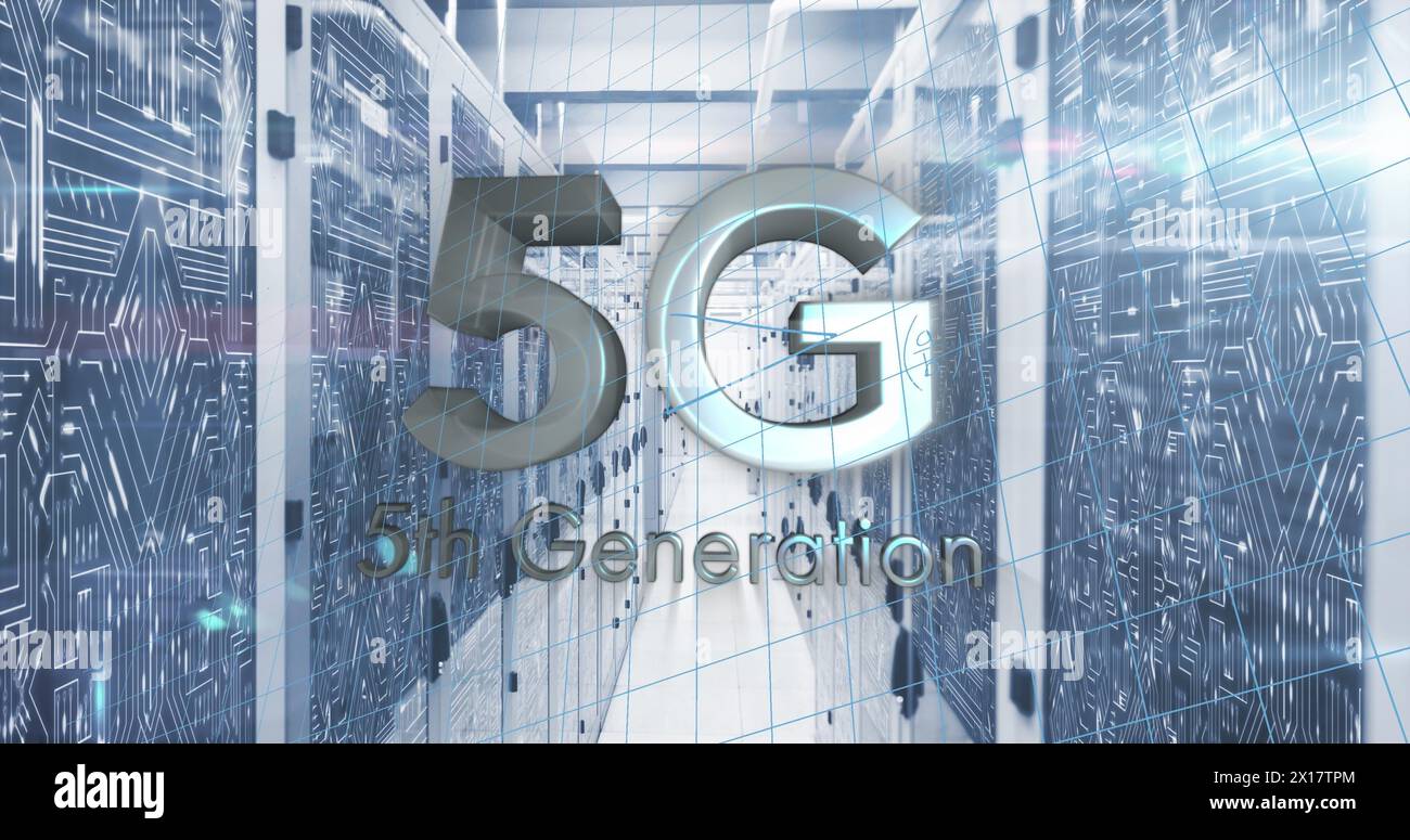Image of 5g text, mathematical equations and data processing over computer servers Stock Photo