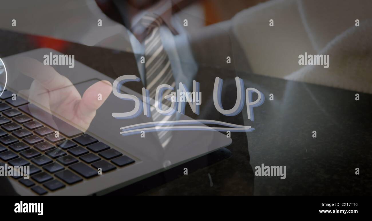 Image of icons, sign up text, midsection of man touching screen, cropped hands working on laptop Stock Photo