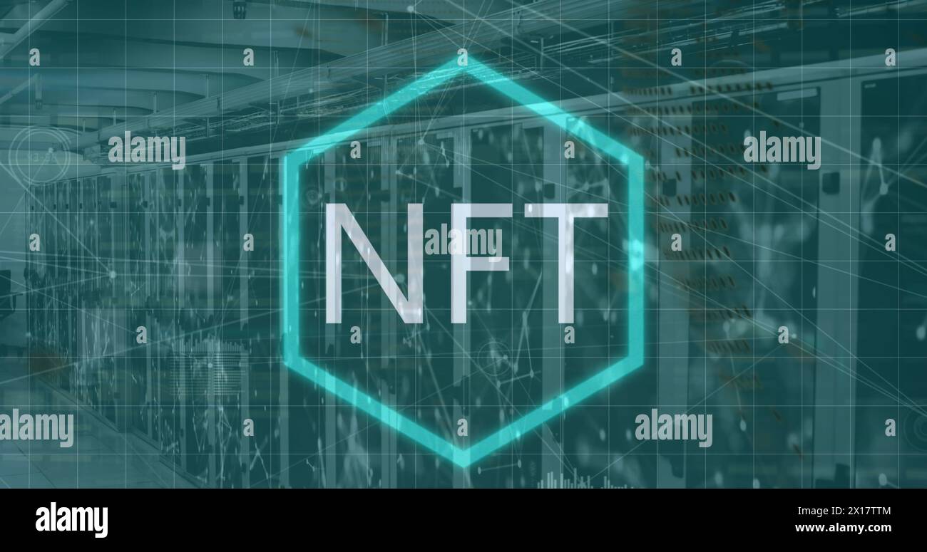 Image of nft text and data processing over server room and globe Stock Photo