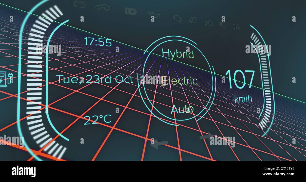 Image of loading speedometer with texts and numbers over grid pattern ...