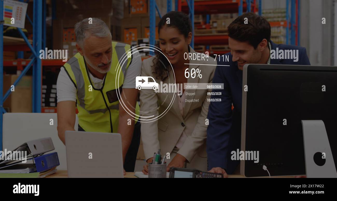 Image of data processing over diverse supervisors and workers discussing together at warehouse Stock Photo