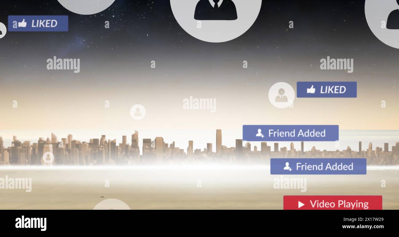 Image of notification and profile icons moving over river and buildings ...