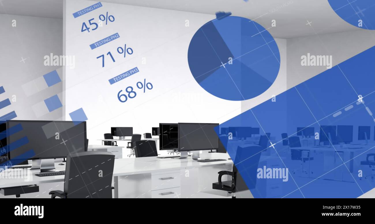 Image of computer language and reports over desktop computers on desks in office Stock Photo