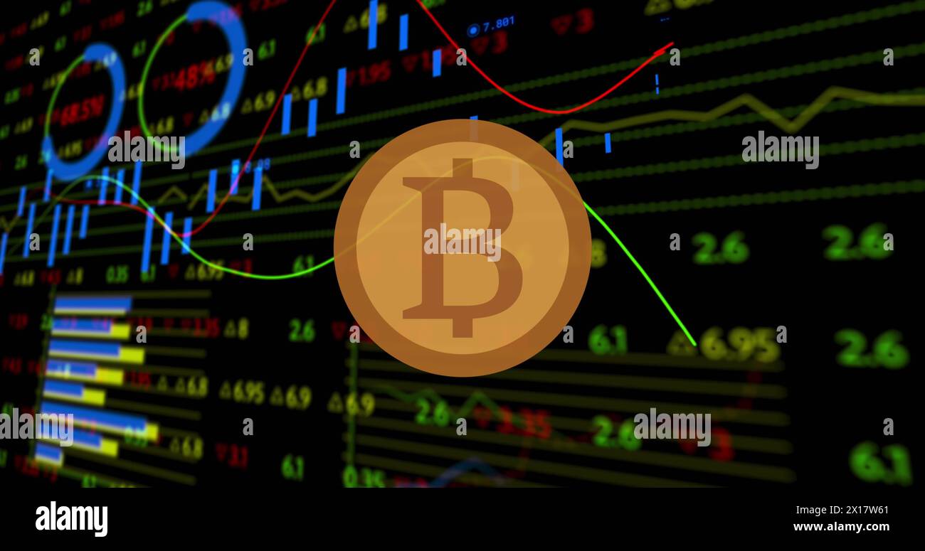 Image of bitcoin over financial data processing on black background Stock Photo