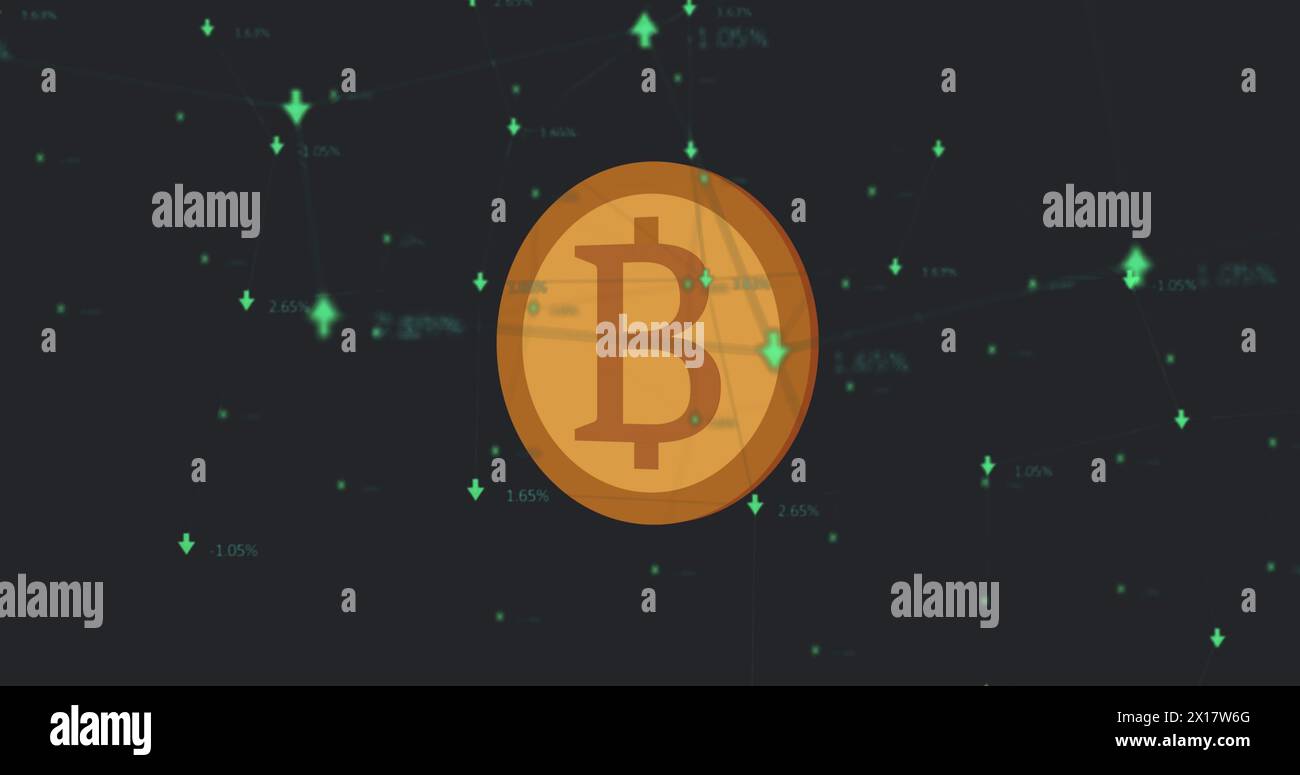 Image of bitcoin over financial data processing on black background Stock Photo