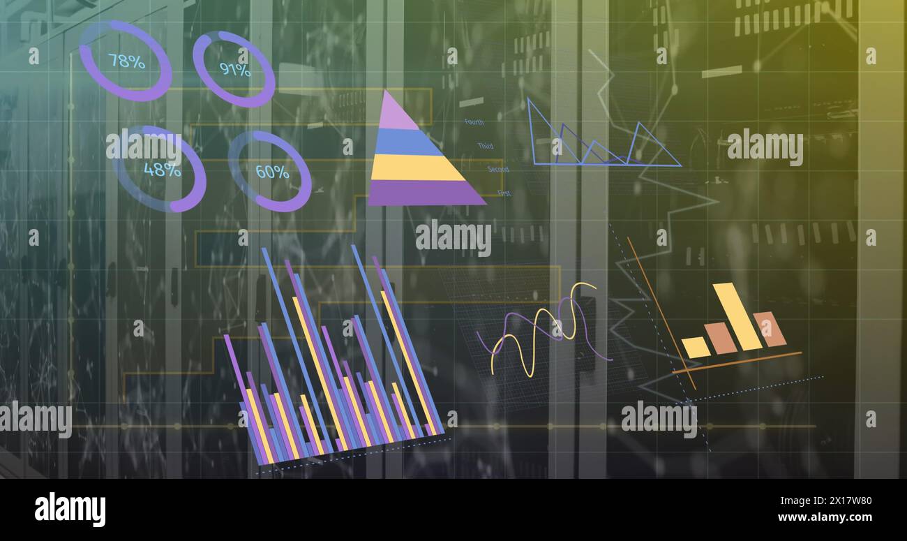 Image of interface with statistical data processing and plexus networks against server room Stock Photo